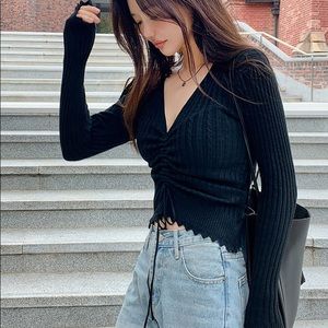 K-fashion Shirring Pull Cord Plunge Crop Top